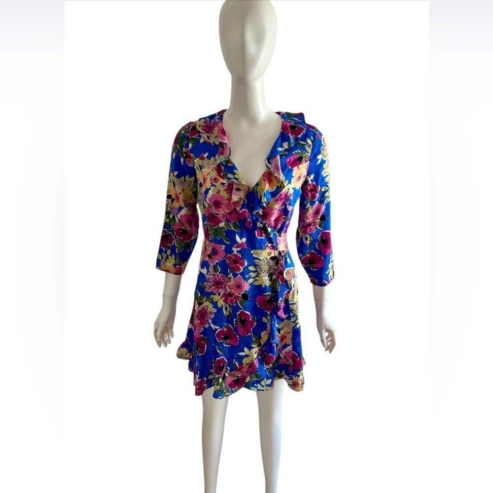 Sezane Asianne Wrap Blue Multicolor Floral Dress 34 US 2 Bohemian Coastal Ruffle - Picture 3 of 9